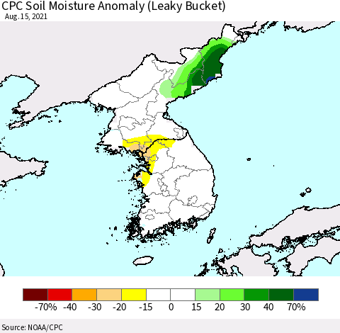 Korea CPC Soil Moisture Anomaly (Leaky Bucket) Thematic Map For 8/11/2021 - 8/15/2021