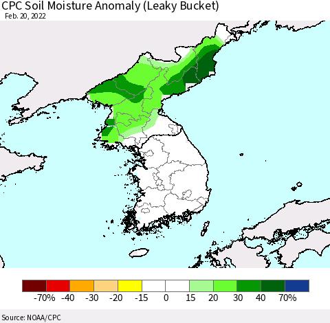 Korea CPC Soil Moisture Anomaly (Leaky Bucket) Thematic Map For 2/16/2022 - 2/20/2022