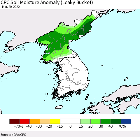 Korea CPC Soil Moisture Anomaly (Leaky Bucket) Thematic Map For 3/16/2022 - 3/20/2022