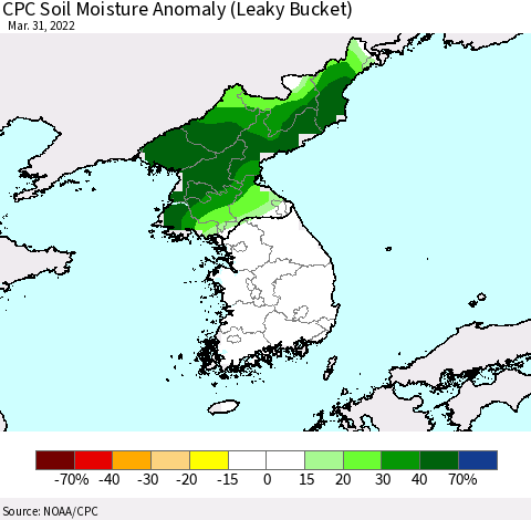 Korea CPC Soil Moisture Anomaly (Leaky Bucket) Thematic Map For 3/26/2022 - 3/31/2022
