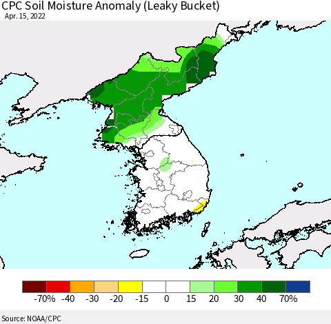 Korea CPC Soil Moisture Anomaly (Leaky Bucket) Thematic Map For 4/11/2022 - 4/15/2022