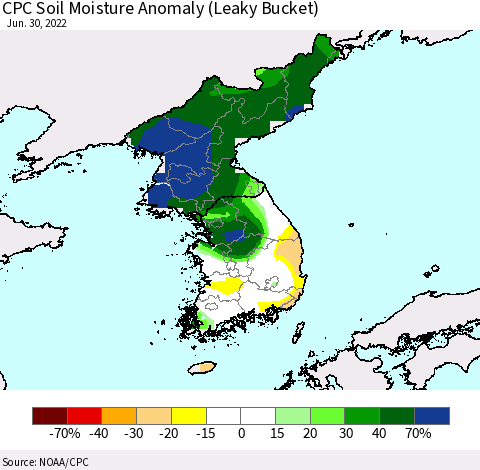Korea CPC Soil Moisture Anomaly (Leaky Bucket) Thematic Map For 6/26/2022 - 6/30/2022
