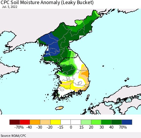 Korea CPC Soil Moisture Anomaly (Leaky Bucket) Thematic Map For 7/1/2022 - 7/5/2022