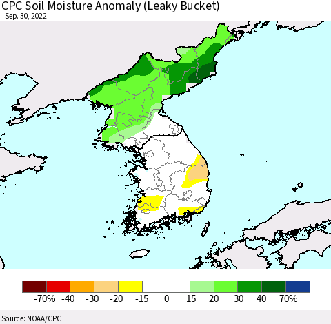 Korea CPC Soil Moisture Anomaly (Leaky Bucket) Thematic Map For 9/26/2022 - 9/30/2022