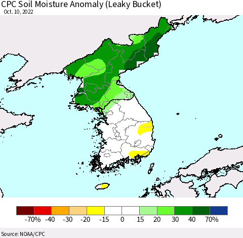 Korea CPC Soil Moisture Anomaly (Leaky Bucket) Thematic Map For 10/6/2022 - 10/10/2022