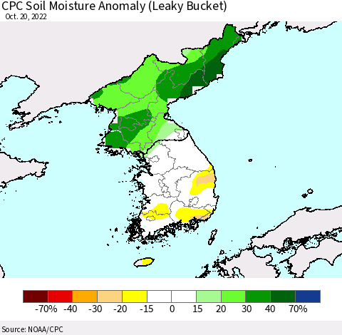 Korea CPC Soil Moisture Anomaly (Leaky Bucket) Thematic Map For 10/16/2022 - 10/20/2022