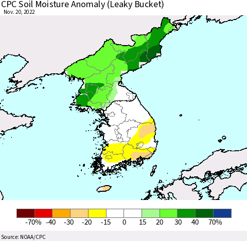 Korea CPC Soil Moisture Anomaly (Leaky Bucket) Thematic Map For 11/16/2022 - 11/20/2022