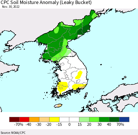 Korea CPC Soil Moisture Anomaly (Leaky Bucket) Thematic Map For 11/26/2022 - 11/30/2022