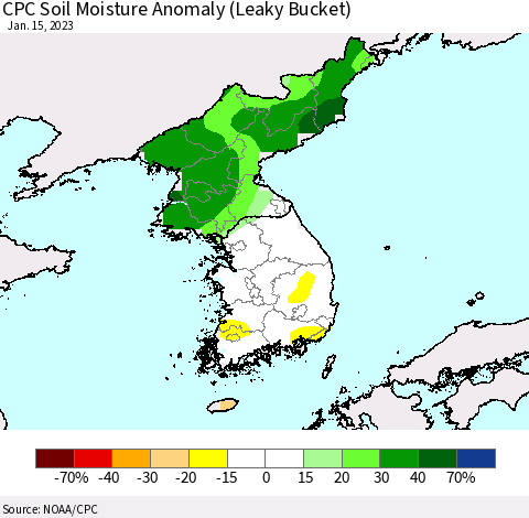 Korea CPC Soil Moisture Anomaly (Leaky Bucket) Thematic Map For 1/11/2023 - 1/15/2023