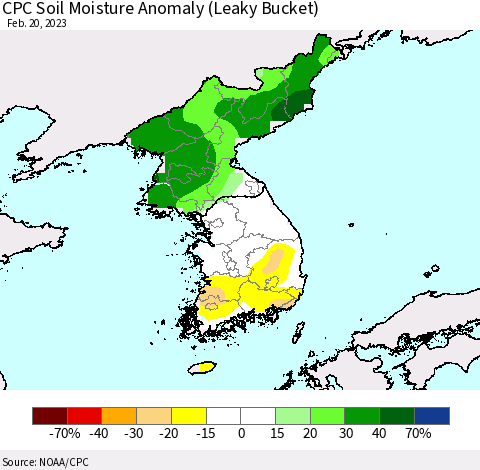 Korea CPC Soil Moisture Anomaly (Leaky Bucket) Thematic Map For 2/16/2023 - 2/20/2023