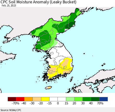 Korea CPC Soil Moisture Anomaly (Leaky Bucket) Thematic Map For 2/21/2023 - 2/25/2023