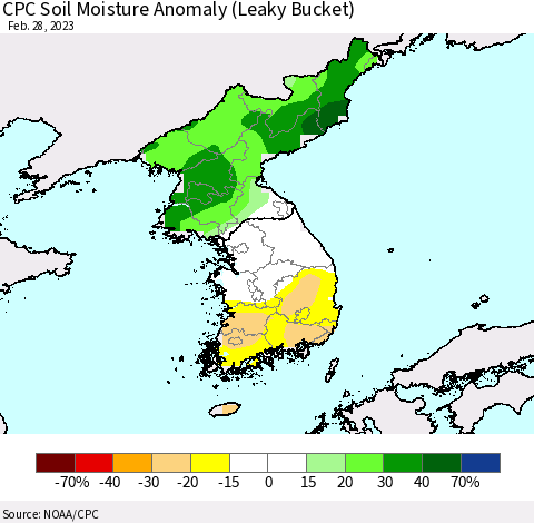 Korea CPC Soil Moisture Anomaly (Leaky Bucket) Thematic Map For 2/26/2023 - 2/28/2023