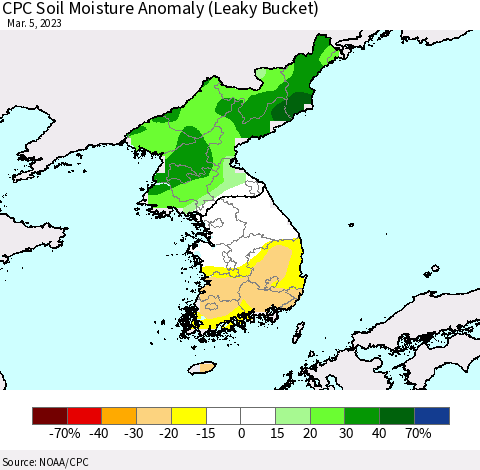 Korea CPC Soil Moisture Anomaly (Leaky Bucket) Thematic Map For 3/1/2023 - 3/5/2023