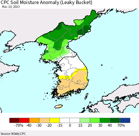 Korea CPC Soil Moisture Anomaly (Leaky Bucket) Thematic Map For 3/6/2023 - 3/10/2023