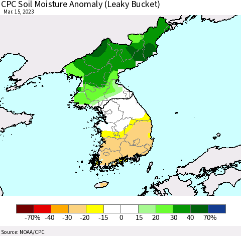 Korea CPC Soil Moisture Anomaly (Leaky Bucket) Thematic Map For 3/11/2023 - 3/15/2023