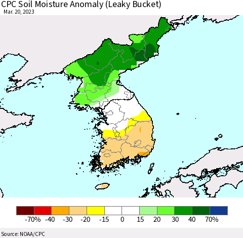 Korea CPC Soil Moisture Anomaly (Leaky Bucket) Thematic Map For 3/16/2023 - 3/20/2023