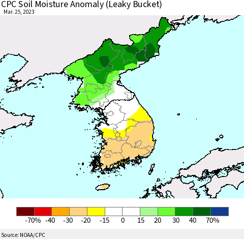 Korea CPC Soil Moisture Anomaly (Leaky Bucket) Thematic Map For 3/21/2023 - 3/25/2023