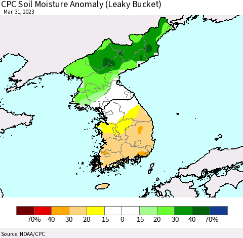 Korea CPC Soil Moisture Anomaly (Leaky Bucket) Thematic Map For 3/26/2023 - 3/31/2023