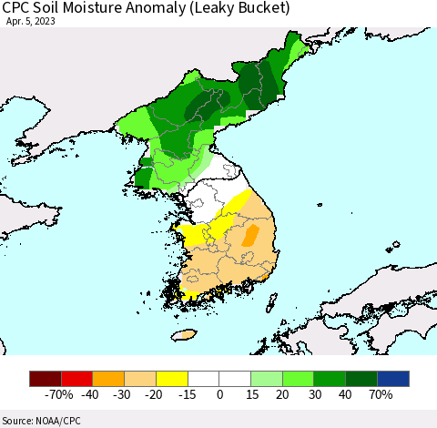 Korea CPC Soil Moisture Anomaly (Leaky Bucket) Thematic Map For 4/1/2023 - 4/5/2023
