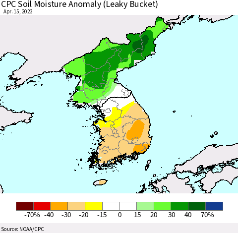 Korea CPC Soil Moisture Anomaly (Leaky Bucket) Thematic Map For 4/11/2023 - 4/15/2023