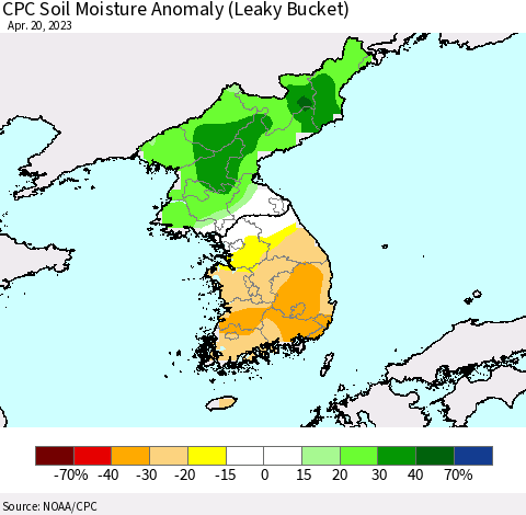 Korea CPC Soil Moisture Anomaly (Leaky Bucket) Thematic Map For 4/16/2023 - 4/20/2023