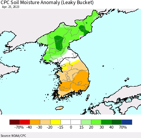 Korea CPC Soil Moisture Anomaly (Leaky Bucket) Thematic Map For 4/21/2023 - 4/25/2023