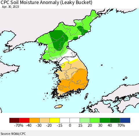 Korea CPC Soil Moisture Anomaly (Leaky Bucket) Thematic Map For 4/26/2023 - 4/30/2023