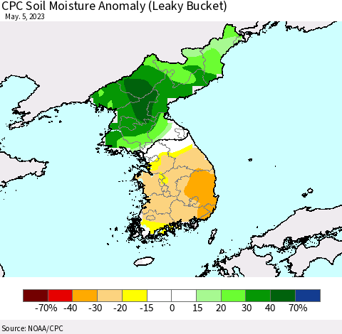Korea CPC Soil Moisture Anomaly (Leaky Bucket) Thematic Map For 5/1/2023 - 5/5/2023