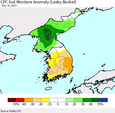 Korea CPC Soil Moisture Anomaly (Leaky Bucket) Thematic Map For 5/6/2023 - 5/10/2023