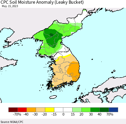 Korea CPC Soil Moisture Anomaly (Leaky Bucket) Thematic Map For 5/11/2023 - 5/15/2023
