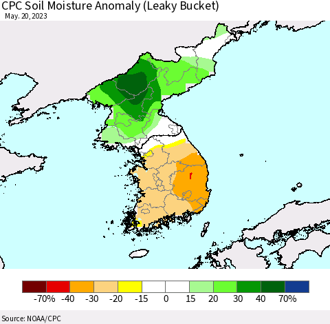 Korea CPC Soil Moisture Anomaly (Leaky Bucket) Thematic Map For 5/16/2023 - 5/20/2023