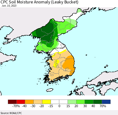 Korea CPC Soil Moisture Anomaly (Leaky Bucket) Thematic Map For 6/6/2023 - 6/10/2023