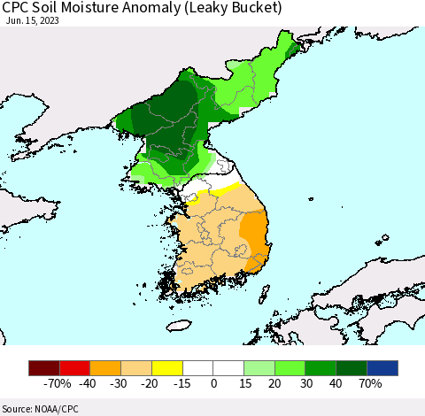 Korea CPC Soil Moisture Anomaly (Leaky Bucket) Thematic Map For 6/11/2023 - 6/15/2023