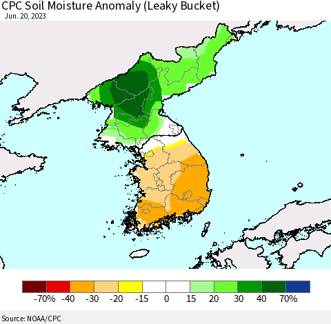 Korea CPC Soil Moisture Anomaly (Leaky Bucket) Thematic Map For 6/16/2023 - 6/20/2023