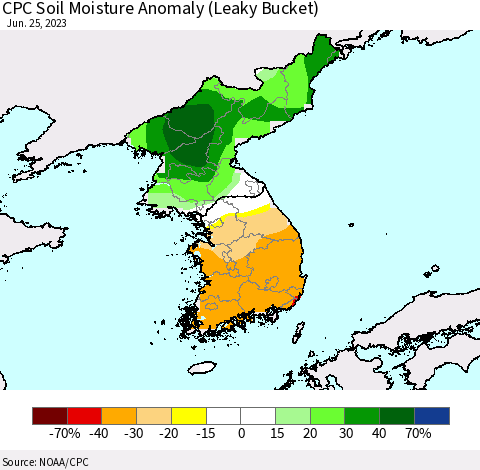 Korea CPC Soil Moisture Anomaly (Leaky Bucket) Thematic Map For 6/21/2023 - 6/25/2023