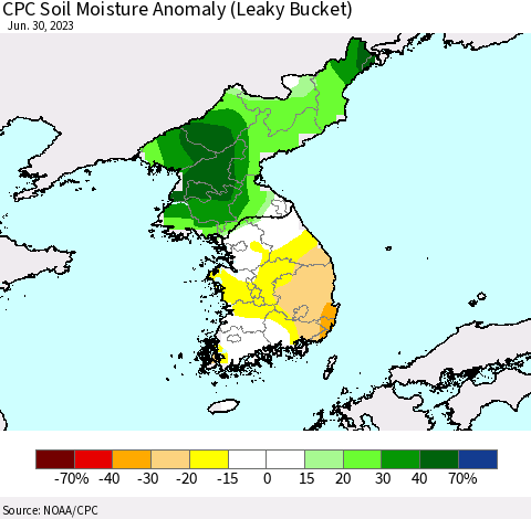 Korea CPC Soil Moisture Anomaly (Leaky Bucket) Thematic Map For 6/26/2023 - 6/30/2023