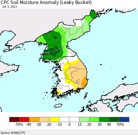 Korea CPC Soil Moisture Anomaly (Leaky Bucket) Thematic Map For 7/1/2023 - 7/5/2023