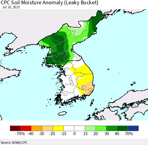 Korea CPC Soil Moisture Anomaly (Leaky Bucket) Thematic Map For 7/6/2023 - 7/10/2023