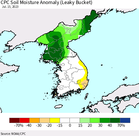 Korea CPC Soil Moisture Anomaly (Leaky Bucket) Thematic Map For 7/11/2023 - 7/15/2023