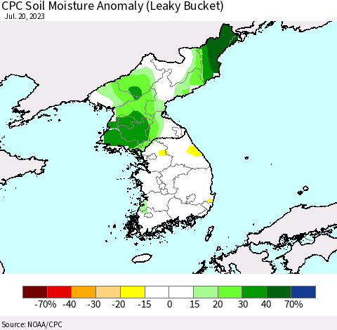 Korea CPC Soil Moisture Anomaly (Leaky Bucket) Thematic Map For 7/16/2023 - 7/20/2023