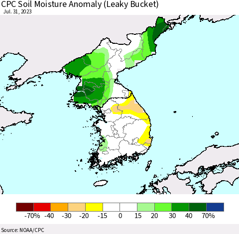 Korea CPC Soil Moisture Anomaly (Leaky Bucket) Thematic Map For 7/26/2023 - 7/31/2023