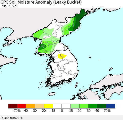 Korea CPC Soil Moisture Anomaly (Leaky Bucket) Thematic Map For 8/11/2023 - 8/15/2023