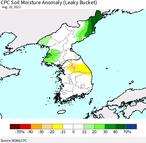 Korea CPC Soil Moisture Anomaly (Leaky Bucket) Thematic Map For 8/16/2023 - 8/20/2023