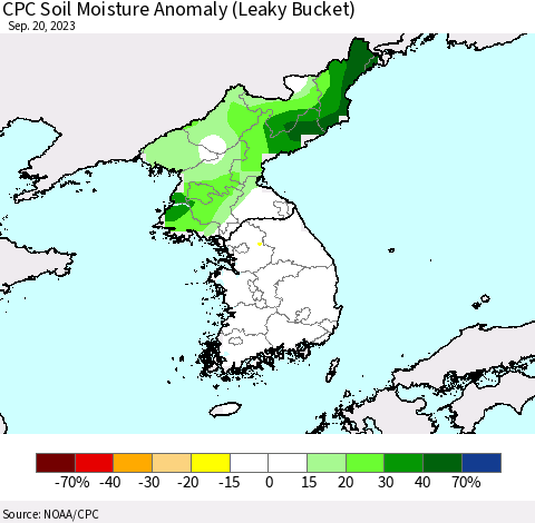 Korea CPC Soil Moisture Anomaly (Leaky Bucket) Thematic Map For 9/16/2023 - 9/20/2023