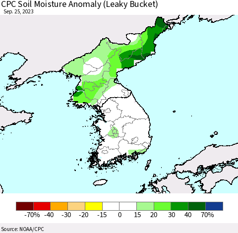 Korea CPC Soil Moisture Anomaly (Leaky Bucket) Thematic Map For 9/21/2023 - 9/25/2023