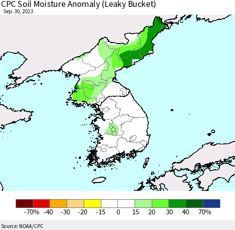 Korea CPC Soil Moisture Anomaly (Leaky Bucket) Thematic Map For 9/26/2023 - 9/30/2023