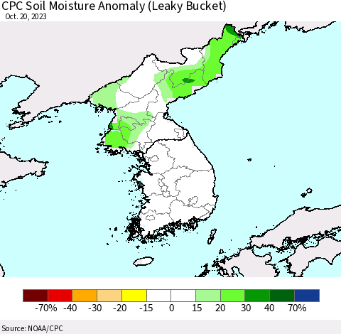 Korea CPC Soil Moisture Anomaly (Leaky Bucket) Thematic Map For 10/16/2023 - 10/20/2023
