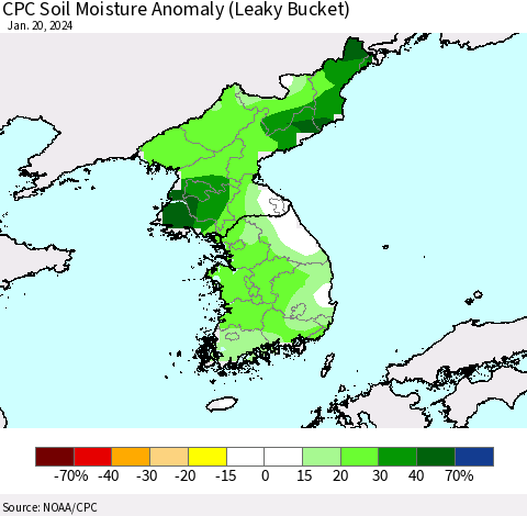 Korea CPC Soil Moisture Anomaly (Leaky Bucket) Thematic Map For 1/16/2024 - 1/20/2024