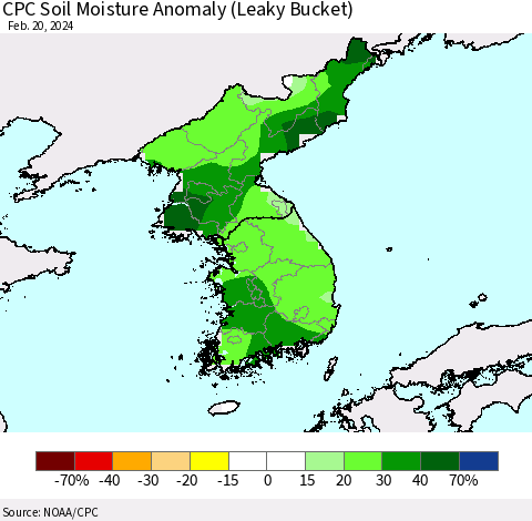 Korea CPC Soil Moisture Anomaly (Leaky Bucket) Thematic Map For 2/16/2024 - 2/20/2024