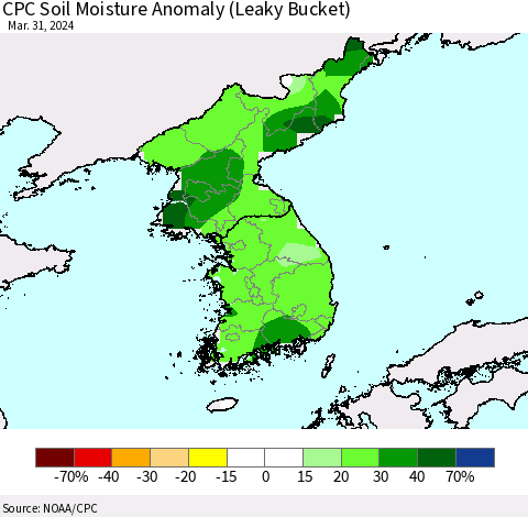Korea CPC Soil Moisture Anomaly (Leaky Bucket) Thematic Map For 3/26/2024 - 3/31/2024